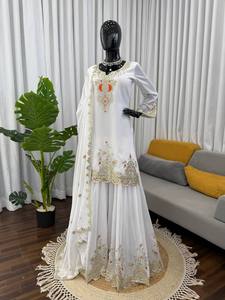 Conjunto de Salwar Kameez Blanco Bordado Reversible de Secado Rápido, Kurta de Faux Georgette, Pantalón y Dupatta, Traje Tradicional Indio Pakistaní - Product Image 3