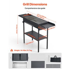 Griglia a Carbone Portatile Pieghevole con Altezza Regolabile e Tavolini Laterali, Rivestimento in Polvere ad Alta Temperatura per Barbecue - Product Image 3