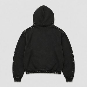 Sudadera con capucha negra personalizada con cremallera, diseño de llamas y pedrería, estilo Y2K, streetwear, con gráficos tachonados, de gran tamaño, de tejido grueso y estilo vintage. - Product Image 2