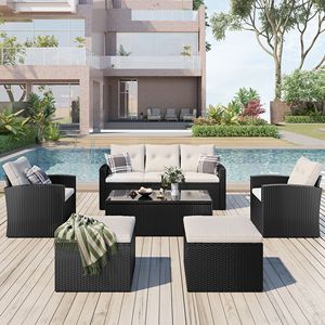 Set da 6 Pezzi in Rattan PE Intrecciato per Esterni, Resistente alle Intemperie, con Tavolino da Caffè, Divani e Pouf in Vimini - Product Image 1