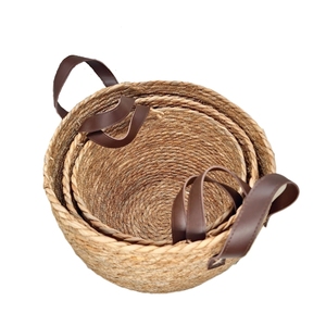 Paniers de rangement ronds tissés à la main en jonc de mer 100% naturel avec poignées en cuir, haute qualité, écologiques, personnalisables - Product Image 6