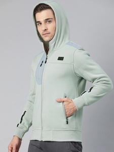 Veste polaire à capuche vert clair pour homme, fermeture éclair sur le devant, couleur unie, respirante, en polyester tricoté, pour l'automne - Product Image 3