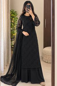 Black Embroidered Floor-Length <b>Kurta</b> Set With Net Dupatta <b>Women</b> Traditional Ethnic Indian Pakistani Party Wear Elegant Loose Fit - Product Image 5