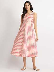 Pink Striped Dot A-Line Midi <b>Dress</b> <b>With</b> Short <b>Sleeves</b> Crew Neck Loose Fit Casual <b>Summer</b> Wear Woven Cotton Fabric Beautiful - Product Image 2