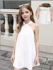 Robe élégante pour filles, col halter, coupe trapèze, avec nœud au dos et embellissement en perles - Product Image 3