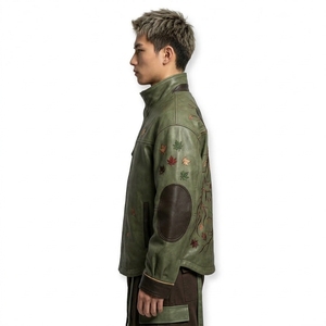 Green Forest Spirit Horned <b>Monster</b> Embroidered Leather Jacket Men Stand Collar Tactical Bomber Coat Pagan Streetwear Outerwear - Product Image 4