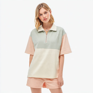 Oversized Zip-Up Polo Shirts Women Summer Short Sleeve Polo Shirt Ladies 100% Cotton <b>Drop</b> Shoulder Zip Up Polo Shirts Women's - Product Image 1