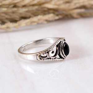 Vintage Victorian Style Black Obsidian Bezel Set Marquise <b>Solitaire</b> <b>Ring</b> Antique Finish 925 <b>Silver</b> Boho Chic Ethnic Artisan - Product Image 2