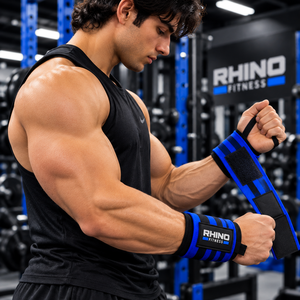 ผ้าพันข้อมือ RHINO FITNESS สีน้ำเงิน ผ้าฝ้าย สำหรับมือซ้าย แบบติดตีนตุ๊กแก สำหรับยกน้ำหนักและออกกำลังกาย - Product Image 2