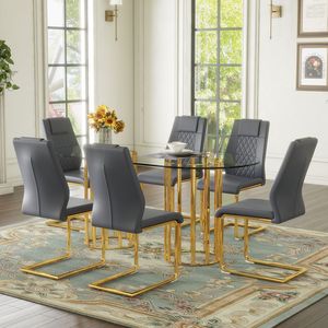 Tavolo da Pranzo Ovale di Lusso in Vetro Temperato da 71 Pollici Grigio Scuro con Set di Sedie in PU di Alta Qualità e Doppia Colonna Dorata Confortevole - Product Image 2