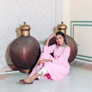 Conjunto de Kurta de Chifón de Algodón Rosa Francés para Mujer con Cuentas, Cuello en V, Manga Larga, Estilo Elegante, Largo hasta el Tobillo, para Primavera - Product Image 4