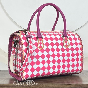 Luxury Large Checkered Speedy Bag Women's Hand <b>Tooled</b> <b>Leather</b> Travel Handbag Fashion Duffel Bag Designer Everyday Carry Purse - Product Image 1