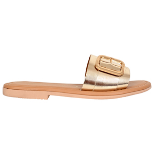 Sandalias Planas de Cuero Genuino Color Dorado Metálico con Hebilla, Punta Abierta, Sandalias de Verano para Mujer - Product Image 3