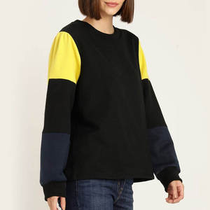Women Color Blocked Crew Neck Sweatshirt <b>Long</b> Sleeve Knitted Casual <b>Top</b> <b>Black</b> Yellow Navy Autumn Wear - Product Image 3