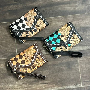 New Checkered Tooled Leather Wallet for Women Cowgirl <b>Wristlet</b> Purse Genuine Cow Leather RFID Card Holder Clutch Organizer Gift - Product Image 5