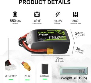 Batterie Lipo OVONIC 4S 850mAh 14.8V 80C avec prise XT30 pour drone FPV Cinewhoop Quadcopters - Product Image 5