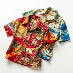 เสื้อฮาวายชาย สีแดง น้ำเงิน เขียว ลายต้นปาล์ม แขนสั้น สำหรับใส่ชายหาดฤดูร้อน ผลิตจากโพลีเอสเตอร์ เสื้อผ้าส่วนเกิน ขายส่งจำนวนมาก - Product Image 1