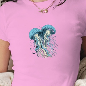 เสื้อยืดสั้นแฟชั่นผู้หญิงลายแมงกะพรุนสองตัวที่วาดอย่างประณีต - Product Image 4