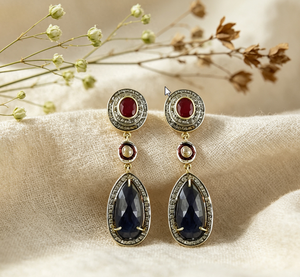 R Art Palace Vintage 22k Gold Plated Sapphire Drop Earrings With Ruby And Diamond Accents Women's Party Jewelry - Product Image 1