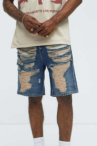 OEM FOG Stock Drop Shipping Pantalones cortos de mezclilla para hombre con parches, costuras rasgadas, cintura media y agujeros rotos - Product Image 2