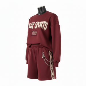 Conjunto de Sudadera y Pantalones Cortos para Mujer, Algodón GSM, Felpa de Poliéster, Color Granate, Cinta Lateral con Logotipo Bordado - Product Image 4