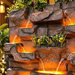 Fontaine murale en polystone avec cascade, éclairage LED, finition pierre rustique, cascade multi-niveaux autoportante, taille personnalisée, jardin - Product Image 4