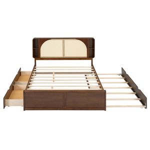 Lit Queen Size avec tête de lit en noyer et rotin, rembourré, doté de deux tiroirs et d'un lit gigogne - Product Image 4