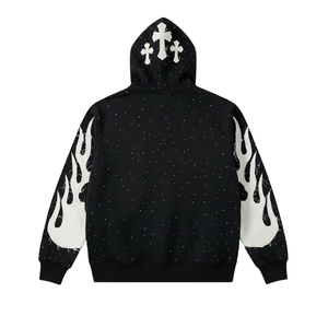 Sweat-shirt à capuche zippé noir pour homme avec imprimé graphique, style streetwear Perfect World, en molleton avec manches à motif flamme - Product Image 3