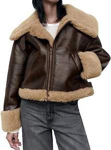 <b>Women's</b> Genuine Leather <b>Racer</b> <b>Jacket</b> Solid Color Zipper Closure Sherpa Lined Fur Trim Autumn Winter Outerwear Regular Length - Product Image 2