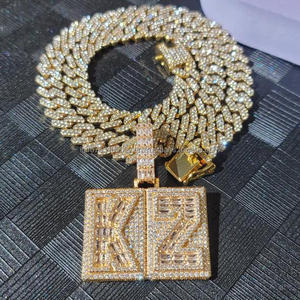 Collar con colgante de diamante moissanita estilo hip hop  "KZ" con cadena cubana chapada en oro, joyería para hombre - Product Image 1
