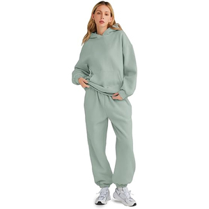 Ensemble survêtement décontracté 2 pièces pour femme, marron, en molleton et élasthanne, avec sweat à capuche et pantalon de jogging, manches longues, coupe ample, couleur unie - Product Image 4