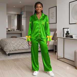 Chi Eta Phi Women's Satin Pajama Set Long Sleeve Button-Up Embroidered Two Piece Sleepwear <b>Green</b> With Yellow Trim Lounge Set - Product Image 5