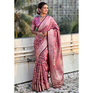 ผ้าไหมซาตินสีชมพูแบบ Banarasi Jaal พร้อมลายปักดิ้นสีชมพู  เสื้อผ้าอินเดียและปากีสถาน - Product Image 2