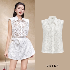 Blusa sin mangas de encaje floral blanco para mujer con hombreras, cuello clásico y botones frontales, 100% poliéster GINNY - Product Image 1