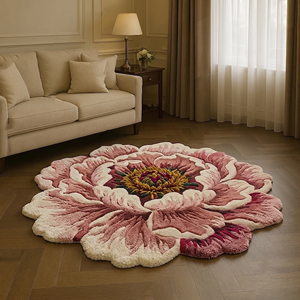 Tapis décoratif rose en forme de fleur, motif pivoine sculptée, texture pétales superposés, 100% laine de Nouvelle-Zélande, antidérapant, luxe - Product Image 3