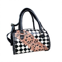 Sac à main pour femme en cuir véritable de forme tonneau avec motif à carreaux et design floral gravé, sangle amovible, style classique