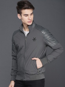 Men's Gray Bomber <b>Jacket</b> PU Leather Sleeve Stand Collar Zipper Front Casual Autumn Wear Solid Color Slim Fit - Product Image 5