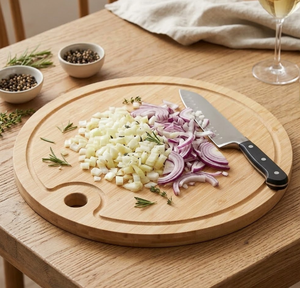 Planche à découper ronde en bambou avec rainure pour jus et coupelle à sauce, planche de service en bambou naturel multi-usages, fabriquée au Vietnam - Product Image 4