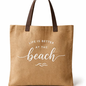 Bolsa de Playa Ecológica de Yute con Asas de Cuero, Bolsa de Compras Costera Reutilizable con Impresión Personalizada, Proveedor Mayorista - Product Image 1