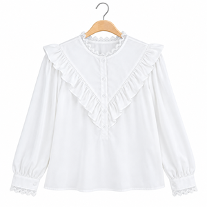 Wholesale <b>Ladies</b> Spring Fashion Blouse Lace Edge Collar V Ruffle Trim Puff Sleeve <b>Top</b> for Boutique Stores and Mother's Day Gifts - Product Image 1