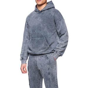 Survêtement à capuche personnalisable pour homme, délavé à l'acide, 100% coton molletonné, uni, à épaules tombantes, style décontracté - Product Image 3