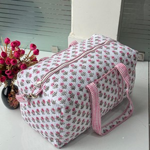 Vintage Quilted Cotton Duffle <b>Bag</b> Pink Floral Pattern Large Capacity Weekender Travel <b>Bag</b> for Women Men <b>Overnight</b> Stay - Product Image 1