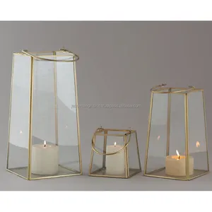 Metal ve cam asılı Tealight tutucu ile altın bitirme kare şekli kolu ile ev dekorasyon için üç Set