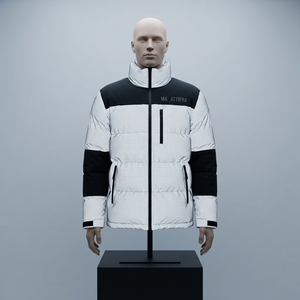 Men <b>White</b> Black Color Block <b>Puffer</b> <b>Jacket</b> Quilted Winter Coat Stand Collar Full Zip Insulated Outdoor Casual <b>Jacket</b> - Product Image 1
