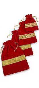 Sac cadeau en velours rouge durable avec cordon de serrage et pochette en dentelle dorée brodée 7x5 pouces pour les cadeaux de mariage et l'emballage de cadeaux - Product Image 4