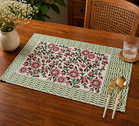 Ensemble de sets de table imprimés à la main motif floral, 100 % coton, lavables, décoration de salle à manger, chef-d'œuvre artisanal, ensemble de linge de cuisine