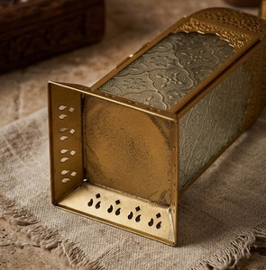 Gold Polished Brass Metal Moroccan <b>Tall</b> Square Candle <b>Lantern</b> Perforated Cutout Steeple Roof Embossed Textured Glass - Product Image 4