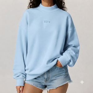 Women's Light Blue Breathable Mockneck Oversized Printed <b>Sequined</b> Letter Front Regular Fit Full Sleeve Knitted Cotton Winter - Product Image 1