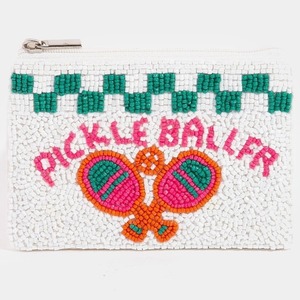 Pickleball Paddle Shaped Beaded Coin <b>Purse</b> Neon <b>Green</b> White Handmade Seed Bead Embroidery Boutique Bag Charm Pouch Zipper - Product Image 3