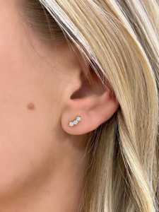 Bar Stud Earrings 14K Solid Gold Round Cut Lab Grown Diamonds <b>Push</b> Back Geometric Curved Dainty Minimalist Everyday Wear Jewelry - Product Image 4